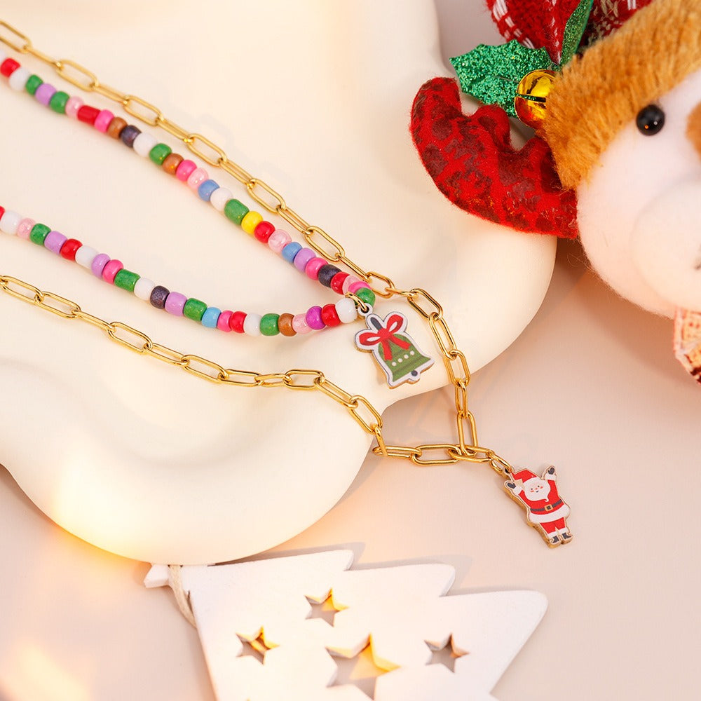 Christmas Double-layer NeckIace Adjustable Santa Claus Bell Pendant Xmas Party Gift - C010-3