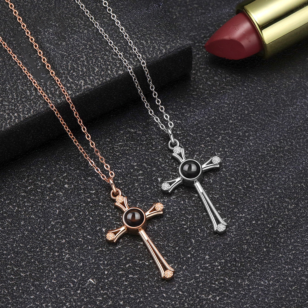 Personalisierte Foto-Projektionskette 925 Sterling Silber Kreuz- & Herzanhänger - P016