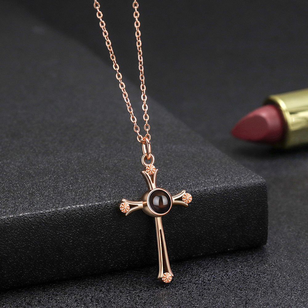 Personalisierte Foto-Projektionskette 925 Sterling Silber Kreuz- & Herzanhänger - P016
