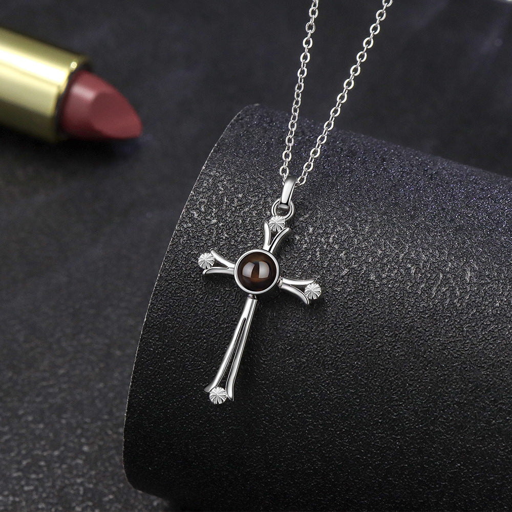 Personalisierte Foto-Projektionskette 925 Sterling Silber Kreuz- & Herzanhänger - P016