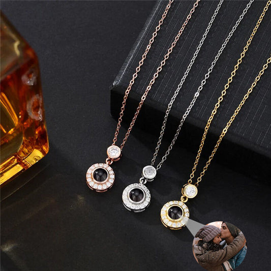 Personalized Photo Projection Necklace 925 Sterling Silver Round Pendant With CZ - P046