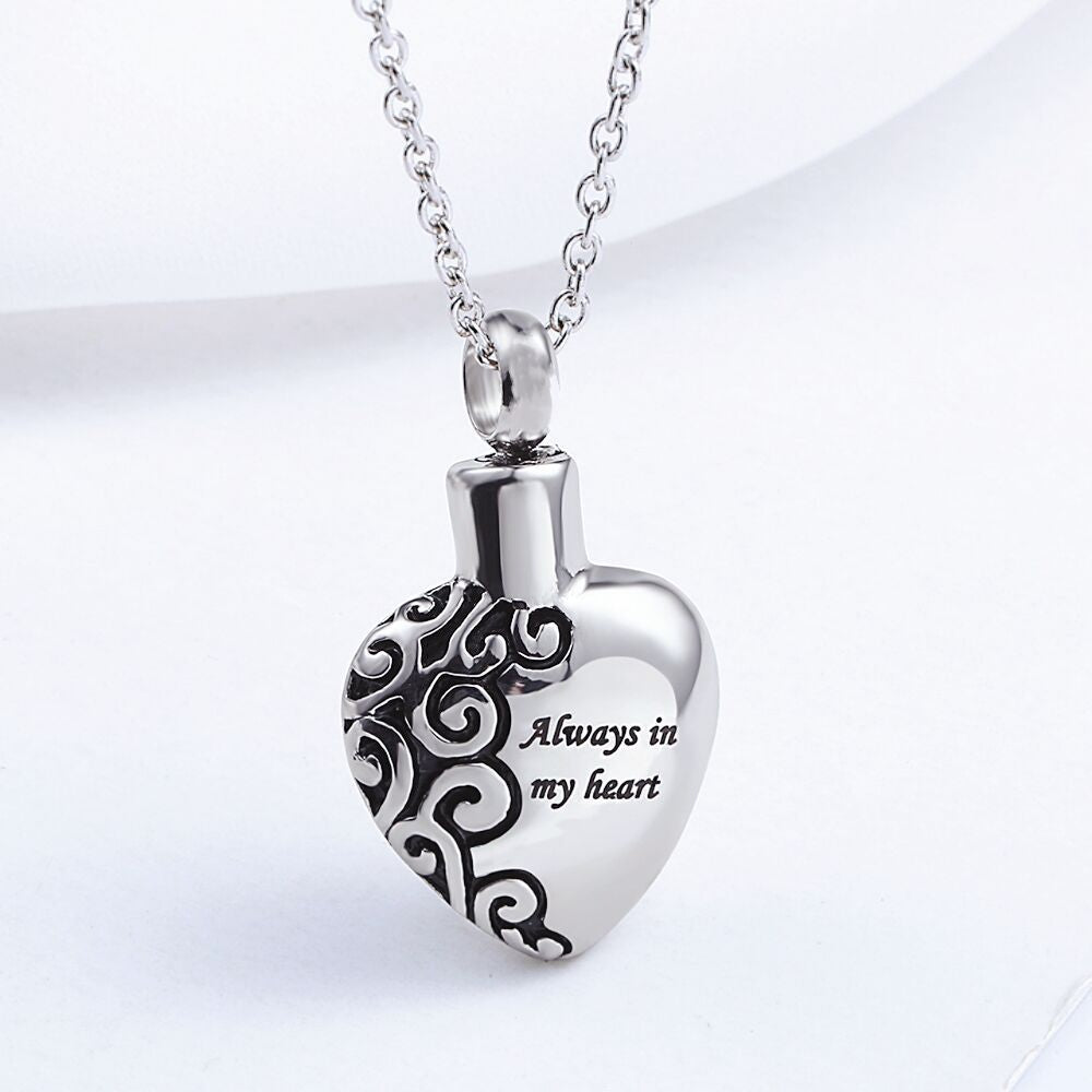 Cremation Urn Heart Necklace "Always in My Heart" Memorial Jewelry-A028