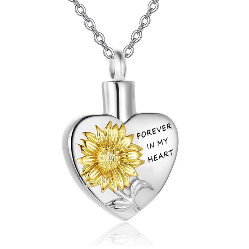 Heart-Shaped Cremation Urn Sunflower Necklace for Ashes-A019