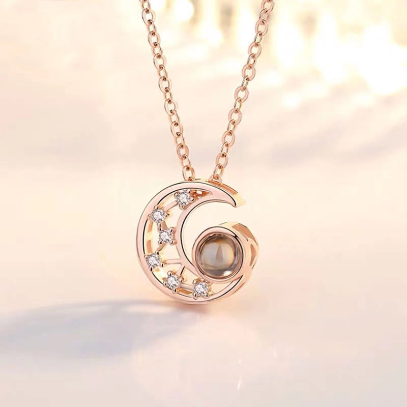 Collier de projection photo personnalisé en argent sterling 925 Lune & Étoile - P017