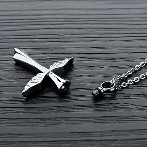 Collier Urne de Crémation Aile d'Ange avec Pendentif Croix pour Cendres-A002