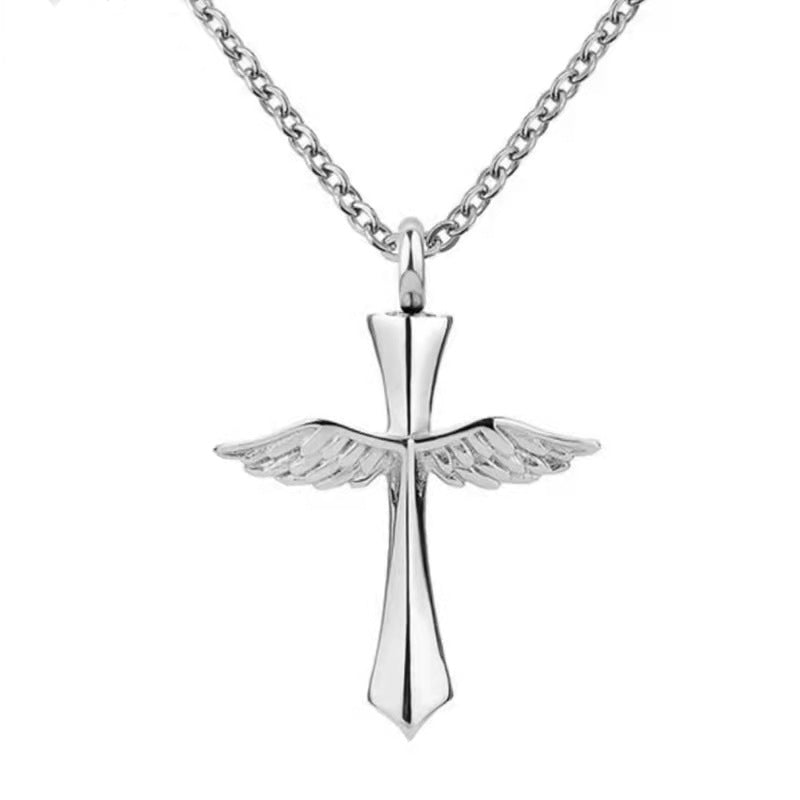 Collier Urne de Crémation Aile d'Ange avec Pendentif Croix pour Cendres-A002