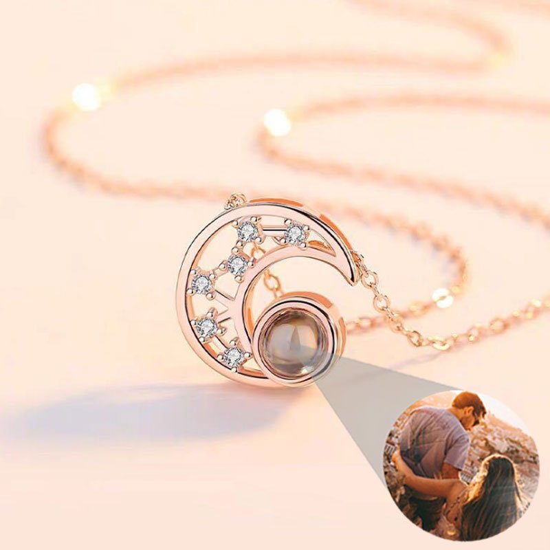 Collier de projection photo personnalisé en argent sterling 925 Lune & Étoile - P017
