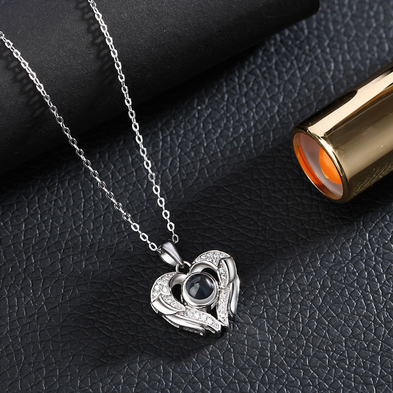 Personalized Photo Projection Necklace 925 Sterling Silver Heart & Wings - P010