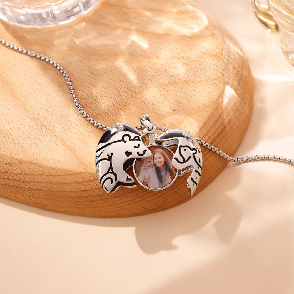 Little Bear Hug Heart Locket Necklace For Mother's Day -L012