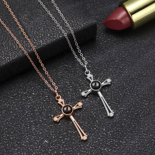 Collier de projection photo personnalisé en argent sterling 925, pendentif croix et cœur - P016