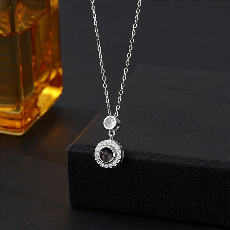 Personalized Photo Projection Necklace 925 Sterling Silver Round Pendant With CZ - P046