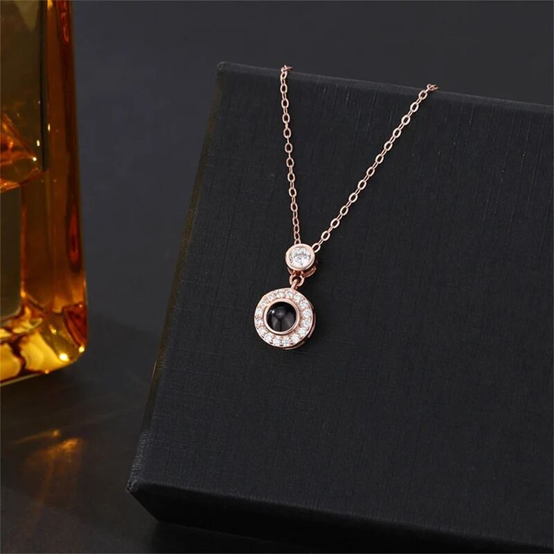 Personalized Photo Projection Necklace 925 Sterling Silver Round Pendant With CZ - P046