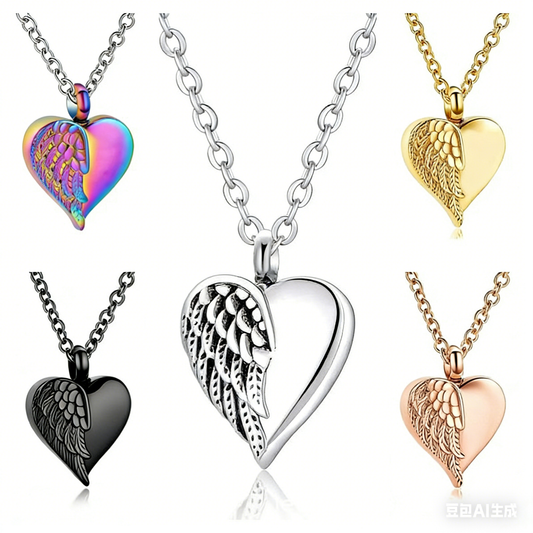 Cremation Urn Necklace Feather Heart-shaped Pendant Memorial Jewelry-A047