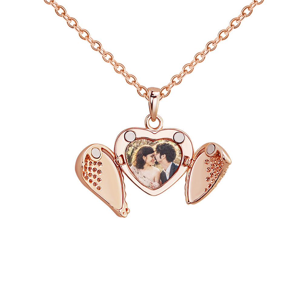 Heart Diamond Wings Locket Necklace-L004