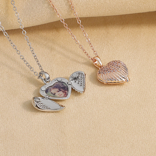 Heart Diamond Wings Locket Necklace-L004