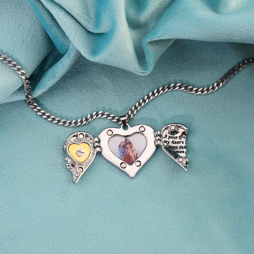 Heart Diamond Wings Locket Necklace-L002