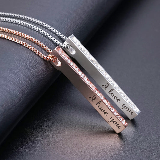 3D Rhinestone Bar Necklace Engrave Pendant Box Chain Mother's Day Gift-N042