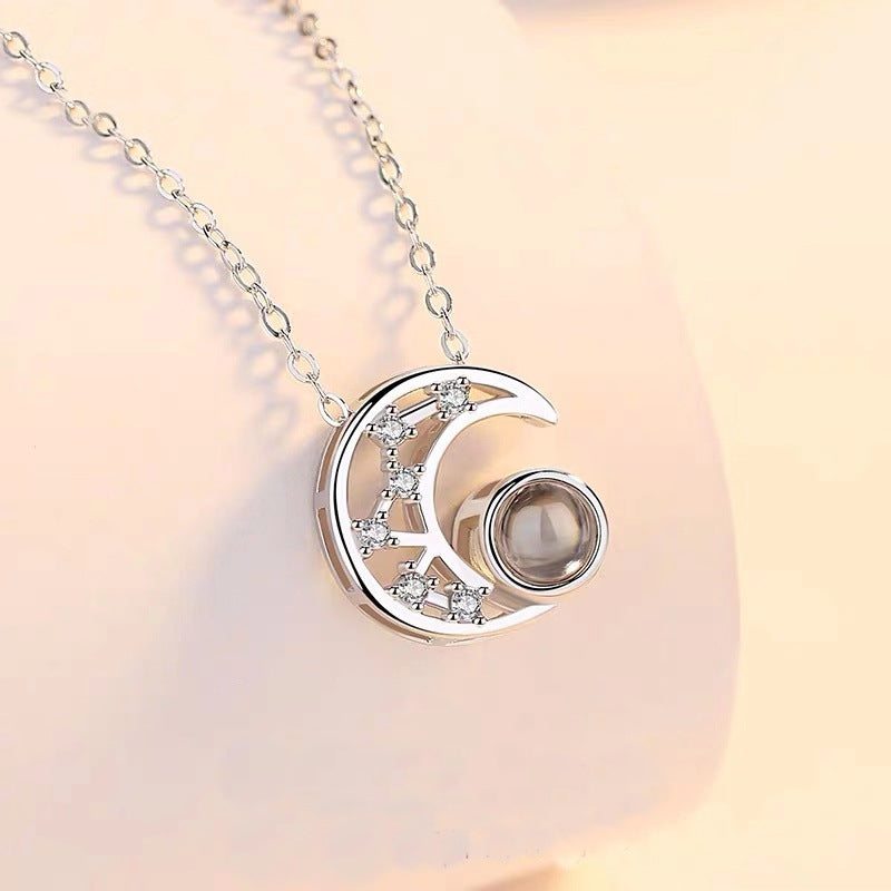 Personalized Photo Projection Necklace 925 Sterling Silver Moon & Star- P017