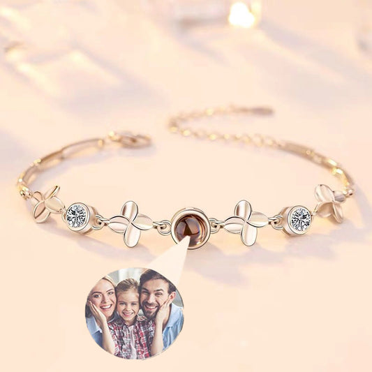 Personalized Photo Projection Bracelet 925 Sterling Silver Four Leaf Clover - P003