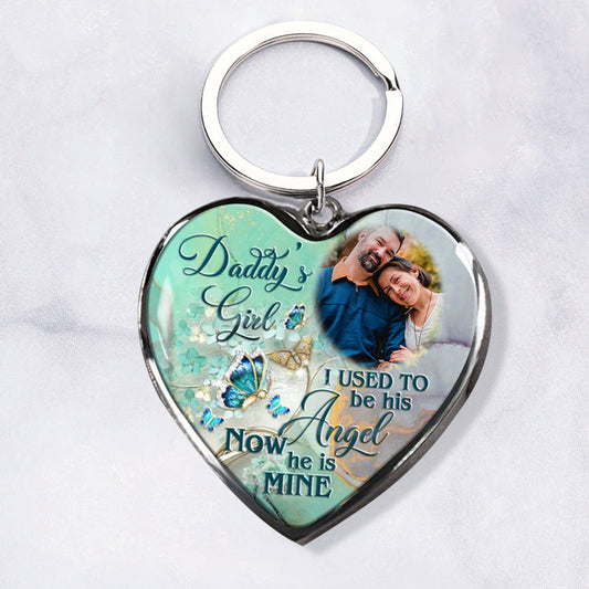 "DADDY'S GIRL I USED TO BE HIS ANGEL" Personalized Memorial Heart Photo Keychain Father's Day Gift-K011