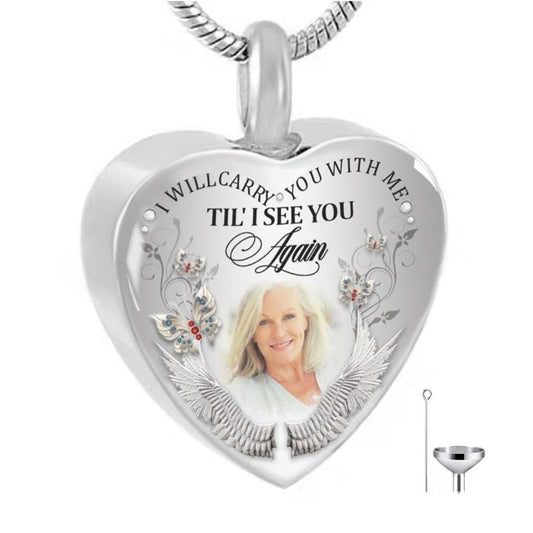 Photo Cremation Urn Necklace Memorial Jewelry for Ashes "I Will Carry You With Me” -N001-URN