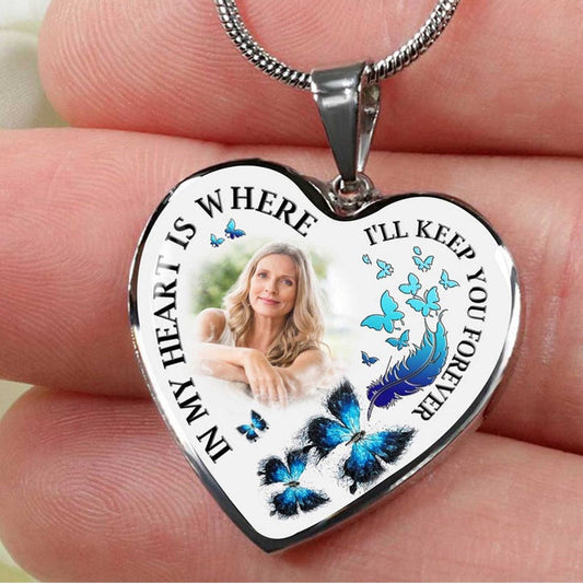 Custom Photo Memorial Necklace Adjustable -“In My Heart Is Where I'll Keep You Forever” N049