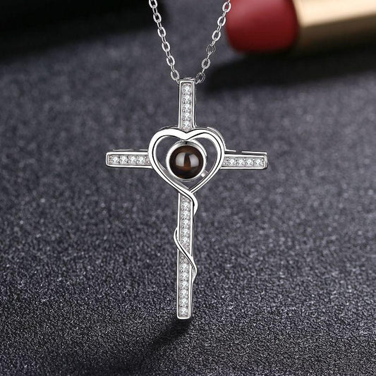 Personalized Photo Projection Necklace 925 Sterling Silver Cross & Heart Pendant- P016