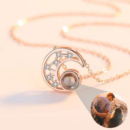 Personalized Photo Projection Necklace 925 Sterling Silver Moon & Star- P017