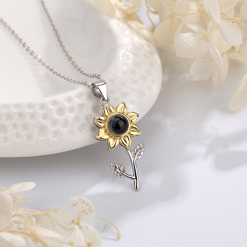 Personalized Photo Projection Necklace 925 Sterling Silver Sunflower  - P028