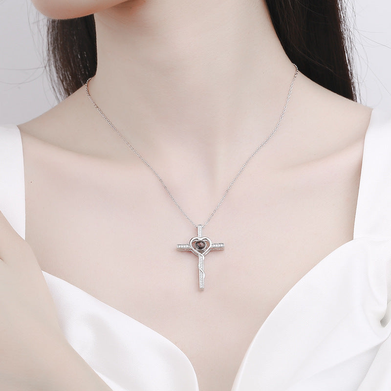 Personalized Photo Projection Necklace 925 Sterling Silver Cross & Heart Pendant- P016