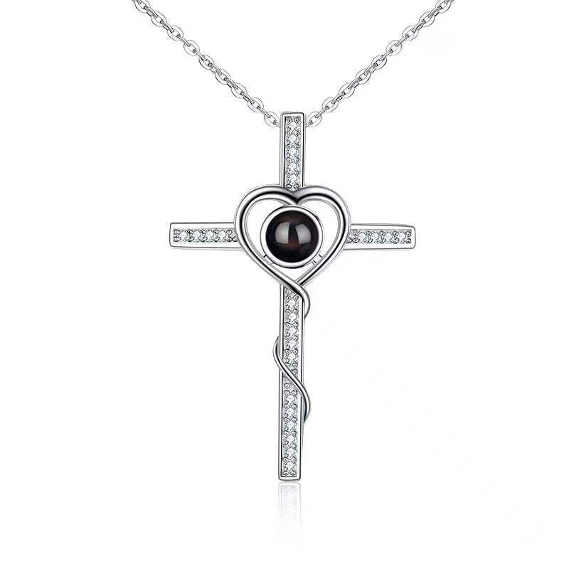 Personalized Photo Projection Necklace 925 Sterling Silver Cross & Heart Pendant- P016