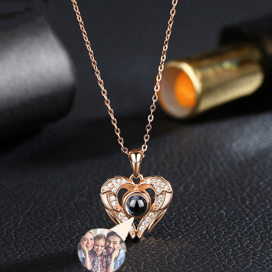 Personalized Photo Projection Necklace 925 Sterling Silver Heart & Wings - P010